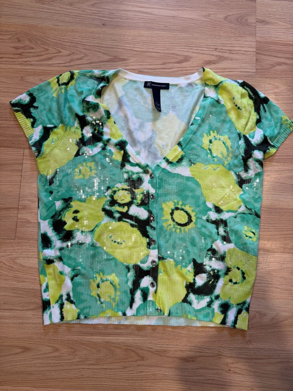 INC Women’s Short Sleeve V-Neck Floral Cardigan - Green & Yellow